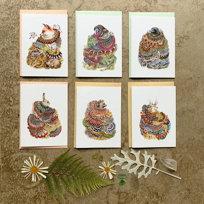 Showing each of the card designs in the quilted forest greeting note cards.