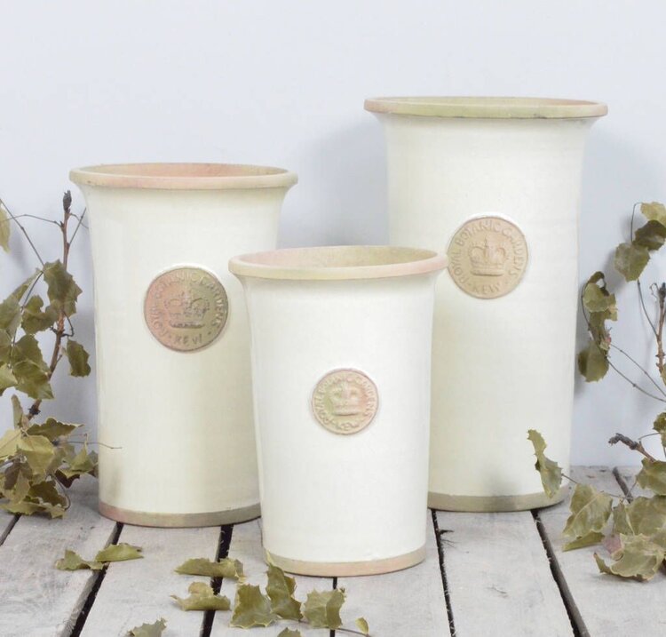 Showing all three sizes of the Dorset Kew cylinder vase in Old White