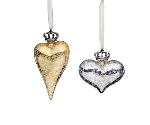 Crowned Heart Ornaments -  2 sizes and 2 colors Sold as a Set