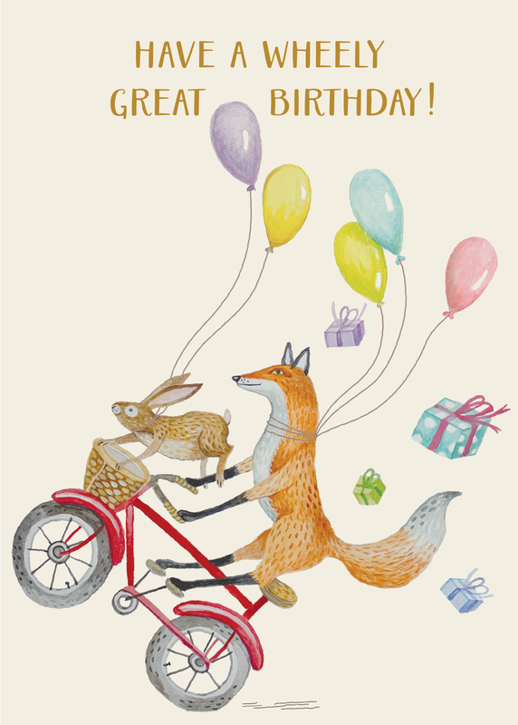 Birthday card with a fox and rabbit popping a wheely on a red two wheel bike with balloons and presents flying everywhere.