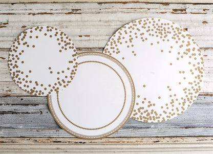 Gold dots and boarders on these assorted sizes of serving papers. They are  perfect accompanying the Gold Laurel paper placemats 