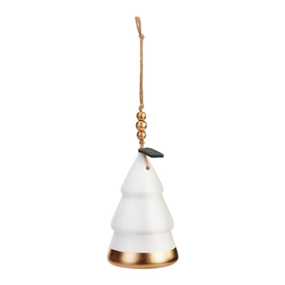 This is a picture of the White Christmas Tree Diffuser Ornament. I has been dipped in gold on the bottom edge and is hanging from a string with gold beads and a small tag saying "fa la la."
