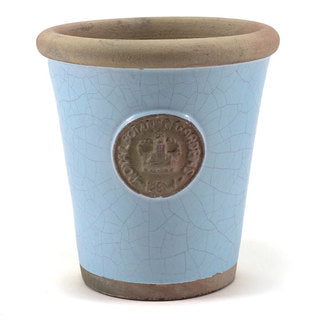 Handcrafted Medium Pot. Duck Egg Blue Glaze Embossed with London's KEW Royal Botanical Garden's Official Seal