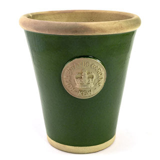 Handcrafted Cotswold Kew Long Tom Medium Pot in Dark Green Glaze Embossed with London's KEW Royal Botanical Garden's Official Seal