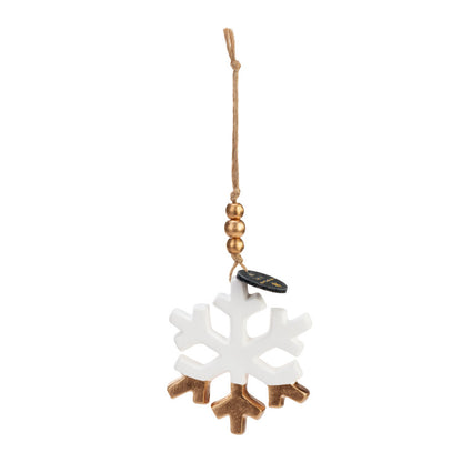 This is a picture of the white snowflake ceramic diffuser ornament.  The lower part of the snowflake has been dipped in gold and is hanging from a string with gold beads and a small tag that says, " oh let it snow."