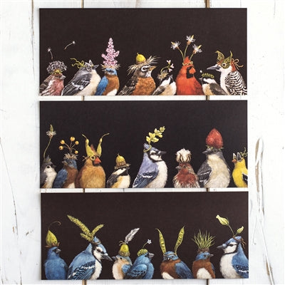A photo of the Garden Party Flat Note Cards, Colorful birds wearing different flowers as hats.