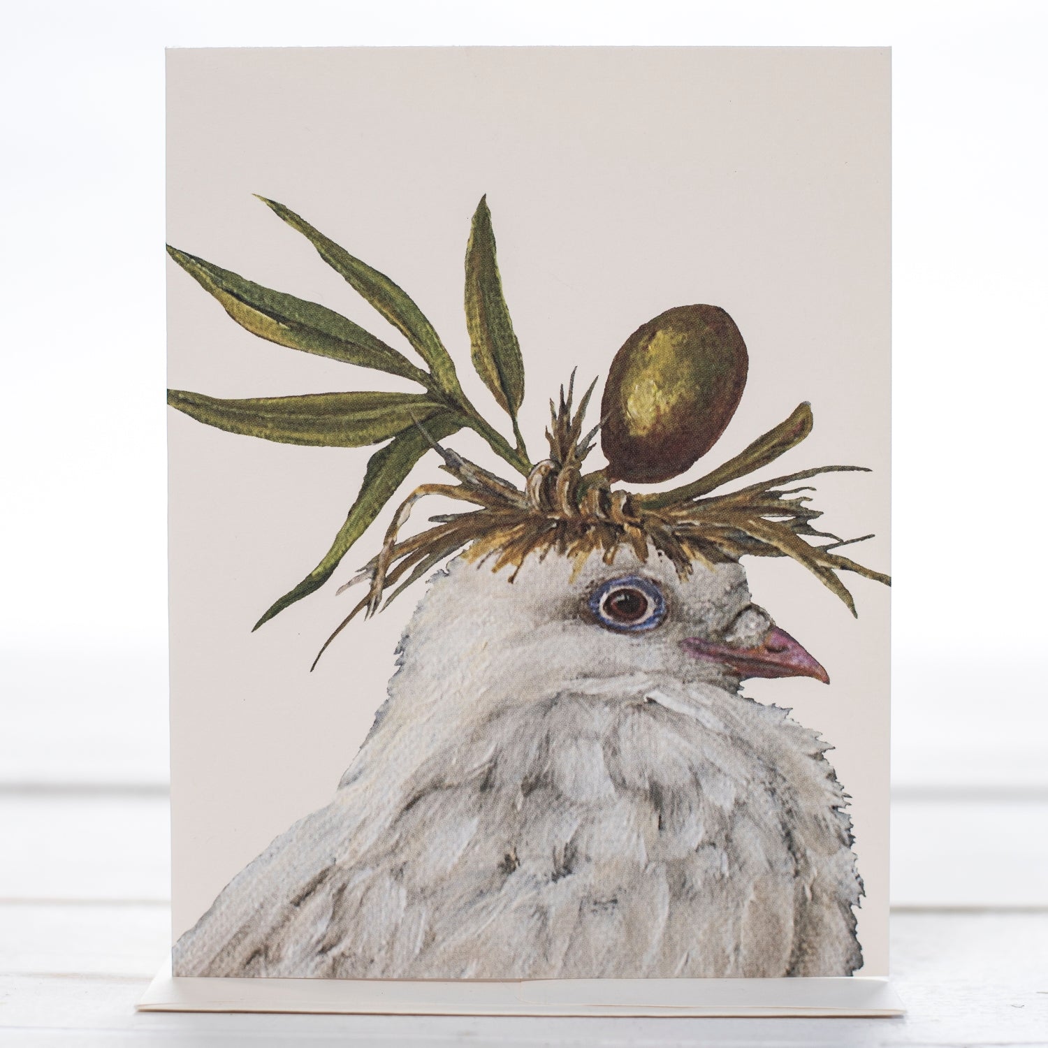A white Dove named Eleanor wearing a small olive branch on here head as a hat 