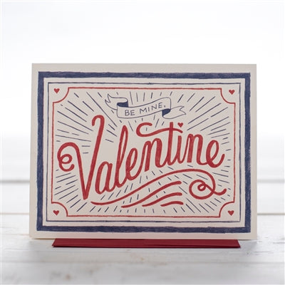 A Valentine Care in red, blue and white with hand lettering 