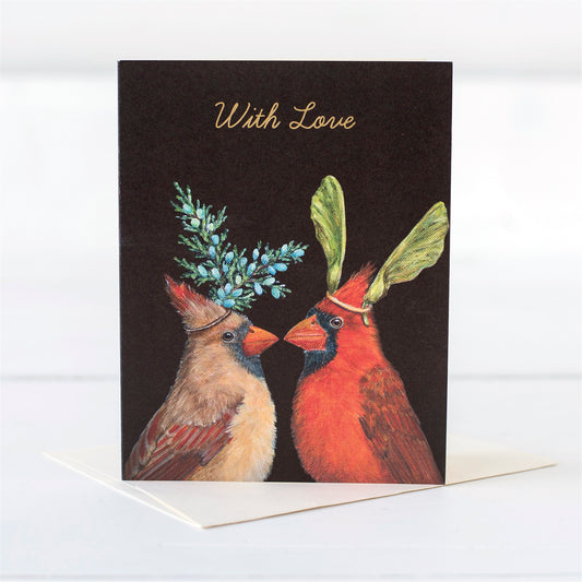 Original artwork by Vicki Sawyer features two cardinals with a message of love gold foiled on the front. Love Cardinal Gold Foil Card